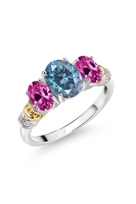 925 Sterling Silver and 10K Yellow Gold Oval Persian Blue Moissanite Pink Created Sapphire and White Diamond 3 Stone Ring for Women (2.41 Cttw, Gemstone Birthstone, Size 9)