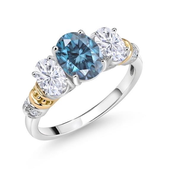 2.41 Cttw Oval Persian Blue Moissanite White Moissanite and White Diamond 3-Stone Ring for Women | 925 Sterling Silver and 10K Yellow Gold | Wedding Engagement Anniversary Ring | Size 6