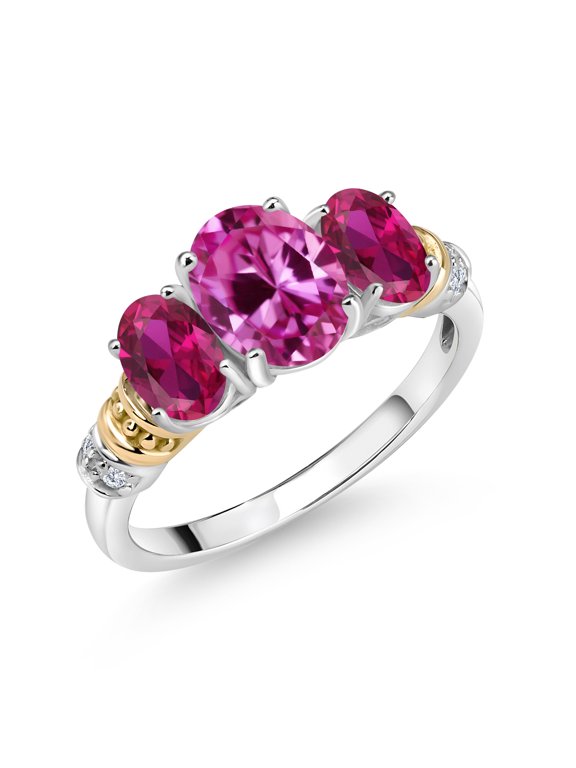 925 Sterling Silver and 10K Yellow Gold Oval Pink Created Sapphire Red Created Ruby and White Diamond 3 Stone Ring for Women (2.68 Cttw, Gemstone September Birthstone, Size 5)