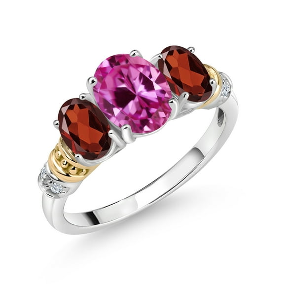 Gem Stone King 925 Sterling Silver and 10K Yellow Gold Oval Pink Created Sapphire Red Garnet and White Diamond 3 Stone Ring for Women (2.82 Cttw, Gemstone September Birthstone, Size 7)