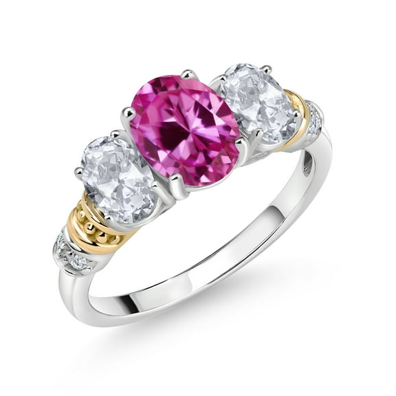 Gem Stone King 925 Sterling Silver and 10K Yellow Gold Oval Pink Created Sapphire White Topaz and White Diamond 3 Stone Ring for Women (2.88 Cttw, Gemstone September Birthstone, Size 5)