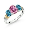 thumbnail image 1 of 925 Sterling Silver and 10K Yellow Gold Oval Pink Moissanite London Blue Topaz and White Diamond 3 Stone Ring for Women (2.61 Cttw, Gemstone Birthstone, Available in Size 5, 6, 7, 8, 9), 1 of 3