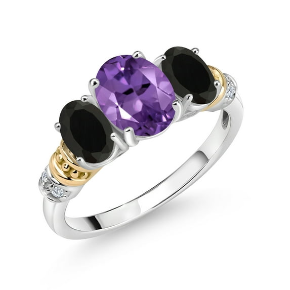 Gem Stone King 925 Sterling Silver and 10K Yellow Gold Oval Purple Amethyst Black Onyx and White Diamond 3 Stone Ring for Women (1.98 Cttw, Gemstone February Birthstone, Size 8)
