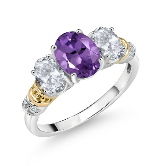 Gem Stone King 925 Sterling Silver and 10K Yellow Gold Oval Purple Amethyst White Topaz and White Diamond 3 Stone Ring for Women (2.38 Cttw, Gemstone February Birthstone, Size 7)