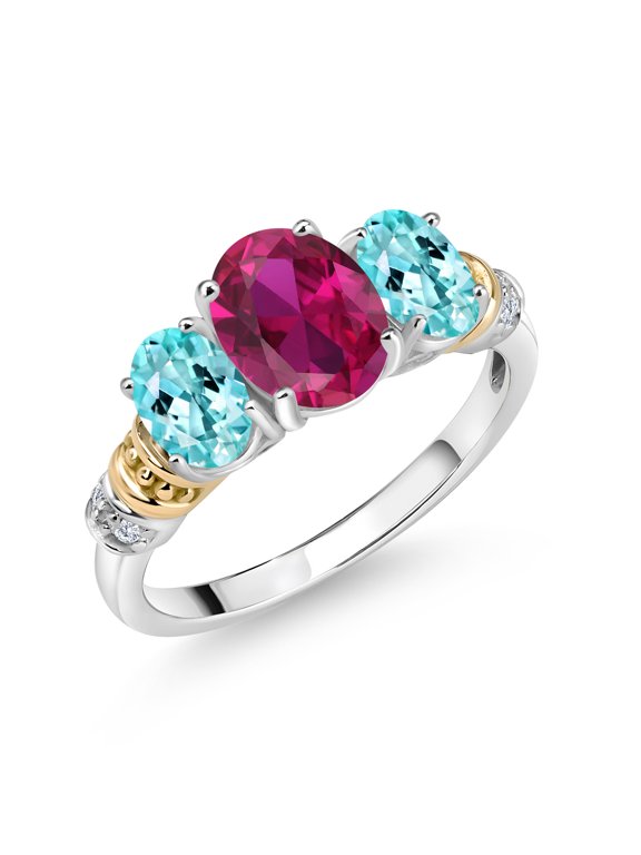 925 Sterling Silver and 10K Yellow Gold Oval Red Created Ruby Blue Apatite and White Diamond 3 Stone Ring for Women (2.43 Cttw, Gemstone July Birthstone, Size 9)