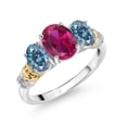 thumbnail image 1 of Gem Stone King 925 Sterling Silver and 10K Yellow Gold Oval Red Created Ruby Persian Blue Moissanite and White Diamond 3 Stone Ring for Women (2.28 Cttw, Gemstone July Birthstone, Size 8), 1 of 3