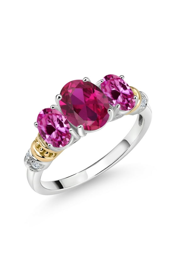 925 Sterling Silver and 10K Yellow Gold Oval Red Created Ruby Pink Created Sapphire and White Diamond 3 Stone Ring for Women (2.38 Cttw, Gemstone July Birthstone, Size 9)