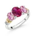 thumbnail image 1 of Gem Stone King 925 Sterling Silver and 10K Yellow Gold Oval Red Created Ruby Pink Sapphire and White Diamond 3 Stone Ring for Women (2.58 Cttw, Gemstone July Birthstone, Size 8), 1 of 3