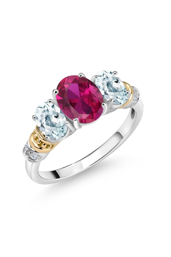 925 Sterling Silver and 10K Yellow Gold Oval Red Created Ruby Sky Blue Aquamarine and White Diamond 3 Stone Ring for Women (2.38 Cttw, Gemstone July Birthstone, Size 7)