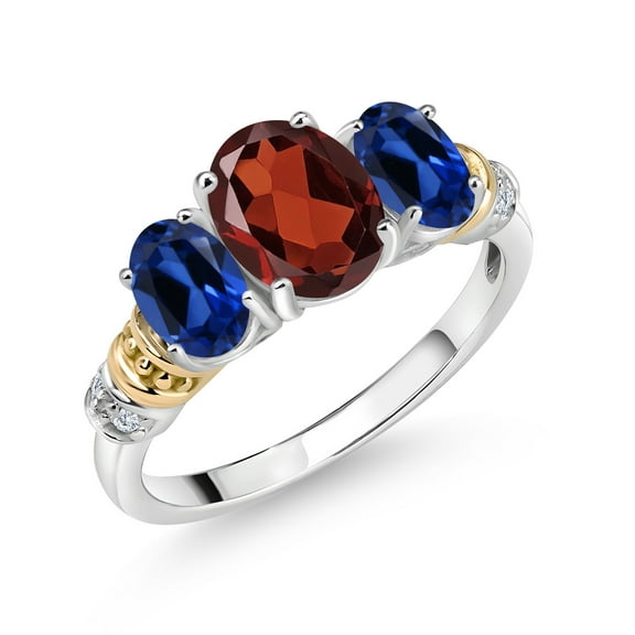 Gem Stone King 2.73 Cttw Oval Red Garnet Blue Created Sapphire and White Diamond 3-Stone Ring for Women | 925 Sterling Silver and 10K Yellow Gold | Gemstone Birthstone | Size 8