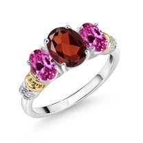Gem Stone King 925 Sterling Silver and 10K Yellow Gold Oval Red Garnet Pink Created Sapphire and White Diamond 3 Stone Ring for Women (2.53 Cttw, Gemstone January Birthstone, Size 6)