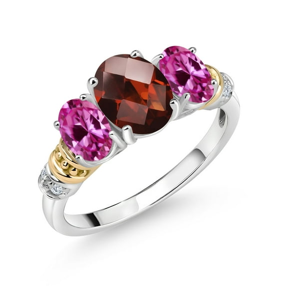 Gem Stone King 925 Sterling Silver and 10K Yellow Gold Oval Red Garnet Pink Created Sapphire and White Diamond 3 Stone Ring for Women (2.56 Cttw, Gemstone January Birthstone, Size 5)