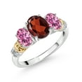thumbnail image 1 of 925 Sterling Silver and 10K Yellow Gold Oval Red Garnet Pink Moissanite and White Diamond 3 Stone Ring for Women (2.45 Cttw, Gemstone January Birthstone, Available in Size 5, 6, 7, 8, 9), 1 of 3