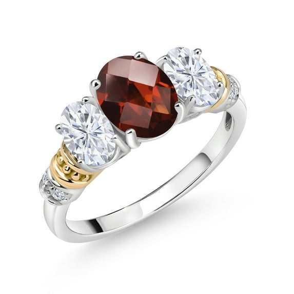 Gem Stone King 925 Sterling Silver and 10K Yellow Gold Oval Red Garnet White Moissanite and White Diamond 3 Stone Ring for Women (2.56 Cttw, Gemstone January Birthstone, Size 6)