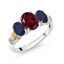 Gem Stone King 925 Sterling Silver and 10K Yellow Gold Oval Red Rhodolite Garnet Blue Sapphire and White Diamond 3 Stone Ring for Women (2.49 Cttw, Gemstone January Birthstone, Size 8)