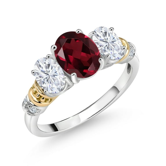 Gem Stone King 925 Sterling Silver and 10K Yellow Gold Oval Red Rhodolite Garnet White Moissanite and White Diamond 3 Stone Ring for Women (2.38 Cttw, Gemstone January Birthstone, Size 5)