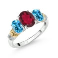 thumbnail image 1 of Gem Stone King 925 Sterling Silver and 10K Yellow Gold Oval Ruby Red Mystic Topaz Swiss Blue Topaz and White Diamond 3 Stone Ring for Women (2.43 Cttw, Gemstone Birthstone, Size 7), 1 of 3