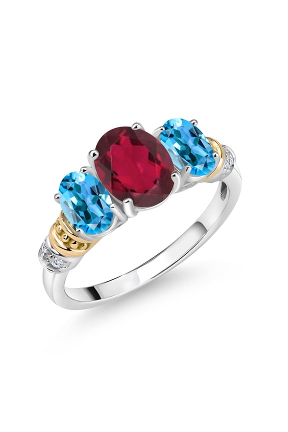 925 Sterling Silver and 10K Yellow Gold Oval Ruby Red Mystic Topaz Swiss Blue Topaz and White Diamond 3 Stone Ring for Women (2.43 Cttw, Gemstone Birthstone, Size 6)
