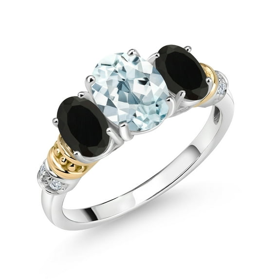 Gem Stone King 925 Sterling Silver and 10K Yellow Gold Oval Sky Blue Aquamarine Black Onyx and White Diamond 3 Stone Ring for Women (2.03 Cttw, Gemstone March Birthstone, Size 6)