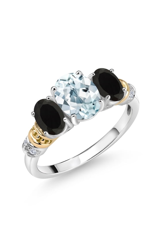 925 Sterling Silver and 10K Yellow Gold Oval Sky Blue Aquamarine Black Onyx and White Diamond 3 Stone Ring for Women (2.03 Cttw, Gemstone March Birthstone, Size 6)
