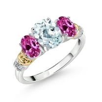 Gem Stone King 925 Sterling Silver and 10K Yellow Gold Oval Sky Blue Aquamarine Pink Created Sapphire and White Diamond 3 Stone Ring for Women (2.23 Cttw, Gemstone March Birthstone, Size 9)
