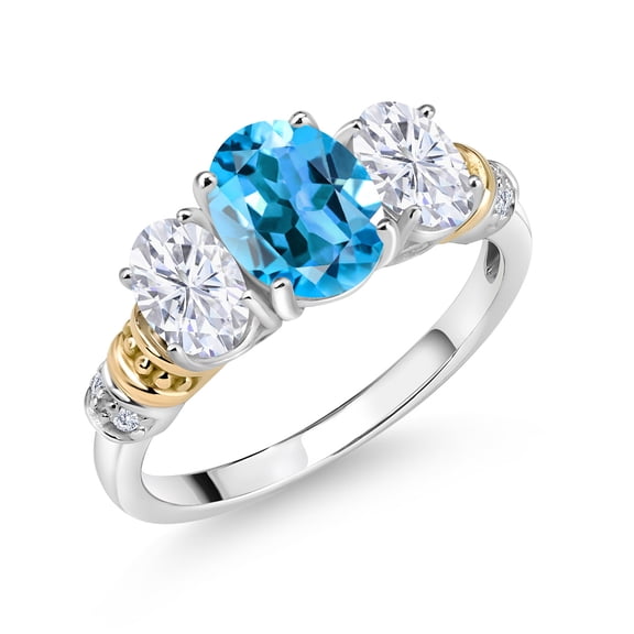 Gem Stone King 925 Sterling Silver and 10K Yellow Gold Oval Swiss Blue Topaz White Moissanite and White Diamond 3 Stone Ring for Women (2.53 Cttw, Gemstone November Birthstone, Size 8)
