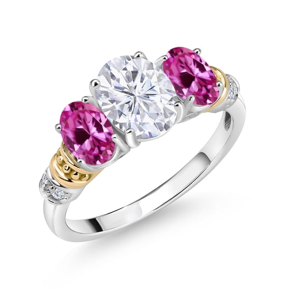 Gem Stone King 925 Sterling Silver and 10K Yellow Gold Oval White Moissanite Pink Created Sapphire and White Diamond 3 Stone Ring for Women (2.53 Cttw, Gemstone Birthstone, Size 8)