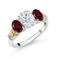 thumbnail image 1 of Gem Stone King 925 Sterling Silver and 10K Yellow Gold Oval White Moissanite Red Rhodolite Garnet and White Diamond 3 Stone Ring for Women (2.53 Cttw, Gemstone Birthstone, Size 8), 1 of 3