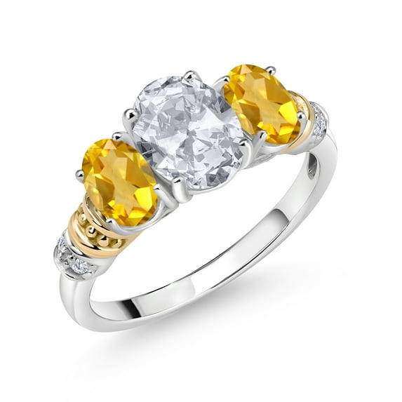 Gem Stone King 925 Sterling Silver and 10K Yellow Gold Oval White Topaz Yellow Citrine and White Diamond 3 Stone Ring for Women (2.43 Cttw, Gemstone November Birthstone, Size 7)
