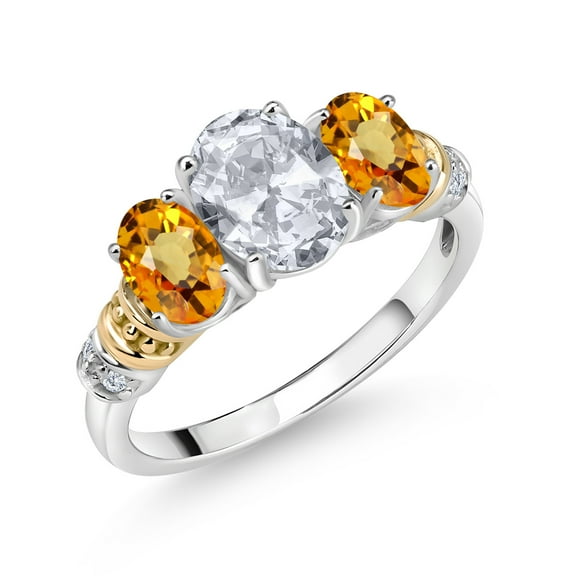 Gem Stone King 925 Sterling Silver and 10K Yellow Gold Oval White Topaz Yellow Sapphire and White Diamond 3 Stone Ring for Women (2.76 Cttw, Gemstone November Birthstone, Size 9)