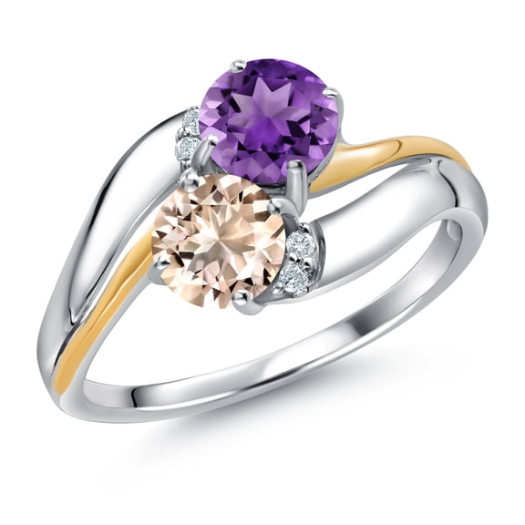 Gem Stone King 925 Sterling Silver and 10K Yellow Gold Peach Morganite Purple Amethyst 2 Stone and Lab Grown Diamond Accent Ring for Women (0.90 Cttw, Gemstone October Birthstone, Size 9)