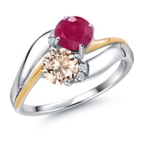 Gem Stone King 925 Sterling Silver and 10K Yellow Gold Peach Morganite Red Ruby 5MM Round 2 Stone and Lab Grown Diamond Accent Ring for Women (0.98 Cttw, Gemstone October Birthstone, Size 5)