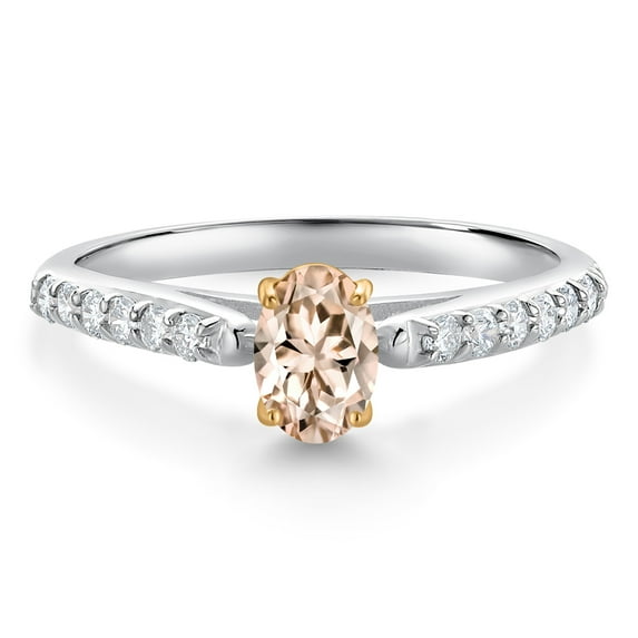 Gem Stone King 925 Sterling Silver and 10K Yellow Gold Peach Morganite and White Lab Grown Diamond Engagement Ring for Women (0.68 Cttw, Oval 6X4MM, Gemstone October Birthstone, Size 9)