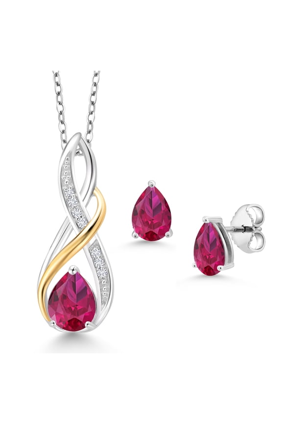 925 Sterling Silver and 10K Yellow Gold Pear Shape Red Created Ruby and White Lab Grown Diamond Pendant and Earrings Jewelry Set for Women (3.29 Cttw, Gemstone July Birthstone, with 18 inch Chain)