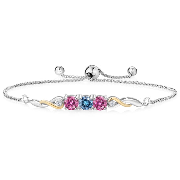 925 Sterling Silver and 10K Yellow Gold Persian Blue Moissanite Pink Moissanite and White Lab Grown Diamond Tennis Bracelet for Women (1.52 Cttw, Gemstone Birthstone, Fully Adjustable up to 9 inch)