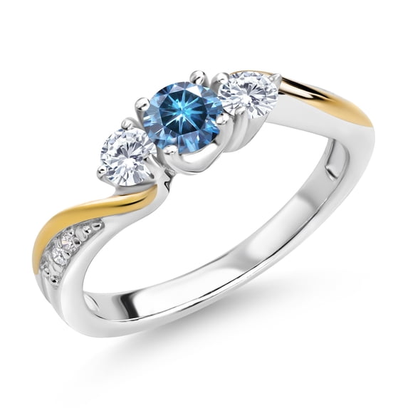 Gem Stone King 925 Sterling Silver and 10K Yellow Gold Persian Blue Moissanite and White Lab Grown Diamond 3 Stone Engagement Ring for Women | 0.46 Cttw | Size 5
