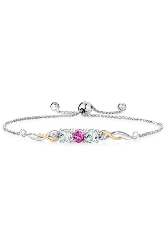 925 Sterling Silver and 10K Yellow Gold Pink Created Sapphire Aquamarine and White Lab Grown Diamond Tennis Bracelet for Women (1.57 Cttw, Gemstone September Birthstone, Fully Adjustable up to 9 inch)