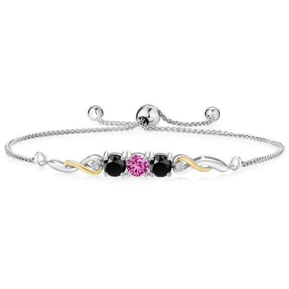925 Sterling Silver and 10K Yellow Gold Pink Created Sapphire Black Onyx and White Lab Grown Diamond Tennis Bracelet for Women (1.52 Cttw, Gemstone September Birthstone, Fully Adjustable up to 9 inch)