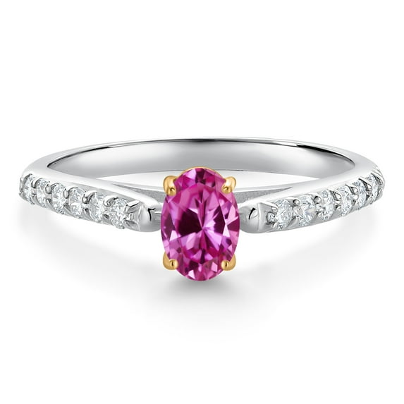 Gem Stone King 925 Sterling Silver and 10K Yellow Gold Pink Created Sapphire and Lab Grown Diamond Engagement Ring for Women (0.68 Cttw, Oval 6X4MM, Gemstone September Birthstone, Size 6)