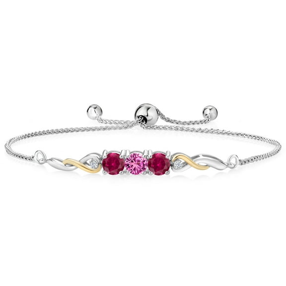 925 Sterling Silver and 10K Yellow Gold Pink Created Sapphire Red Created Ruby and Lab Grown Diamond Tennis Bracelet for Women (2.57 Cttw, Gemstone September Birthstone, Fully Adjustable up to 9 inch)