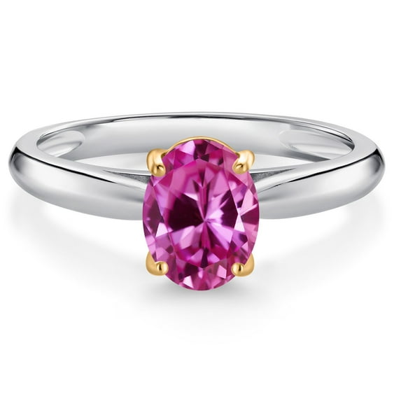 925 Sterling Silver and 10K Yellow Gold Pink Created Sapphire Solitaire Engagement Ring for Women (1.65 Cttw, Oval 8X6MM, Gemstone September Birthstone, Available in Size 5, 6, 7, 8, 9)
