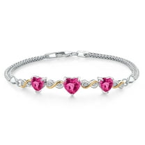 925 Sterling Silver and 10K Yellow Gold Pink Created Sapphire and White Lab Grown Diamond Bracelet for Women (3.08 Cttw, September Birthstone, Heart 7MM and 6MM, 6.5/7/7.5 inch, Made in Italy)