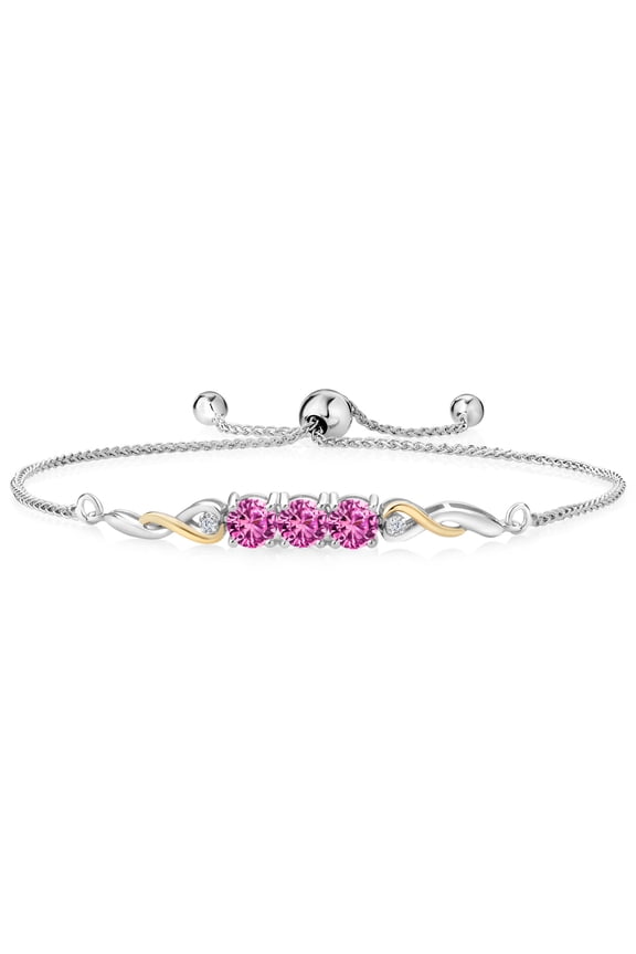 925 Sterling Silver and 10K Yellow Gold Pink Created Sapphire and White Lab Grown Diamond Tennis Bracelet for Women (1.67 Cttw, Gemstone September Birthstone, Fully Adjustable up to 9 inch)