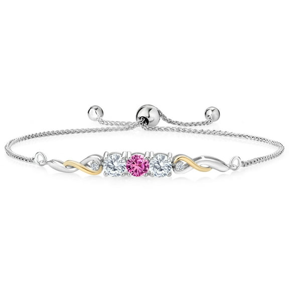 925 Sterling Silver and 10K Yellow Gold Pink Created Sapphire White Moissanite and Lab Grown Diamond Tennis Bracelet for Women (1.57 Cttw, Gemstone September Birthstone, Fully Adjustable up to 9 inch)