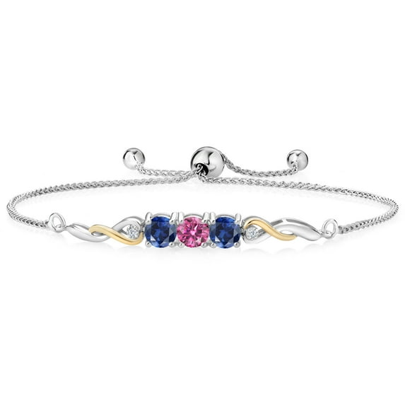 925 Sterling Silver and 10K Yellow Gold Pink Moissanite Blue Created Sapphire and White Lab Grown Diamond Tennis Bracelet for Women (1.72 Cttw, Gemstone Birthstone, Fully Adjustable up to 9 inch)