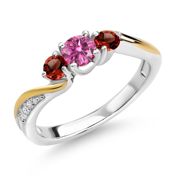 Gem Stone King 925 Sterling Silver and 10K Yellow Gold Pink Moissanite Red Garnet and White Lab Grown Diamond 3 Stone Engagement Ring for Women (0.56 Cttw, Gemstone Birthstone, Size 7)