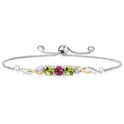 925 Sterling Silver and 10K Yellow Gold Pink Tourmaline Green Peridot and White Lab Grown Diamond Tennis Bracelet for Women 1.64 Cttw, Gemstone October Birthstone, Fully Adjustable up to 9 inch