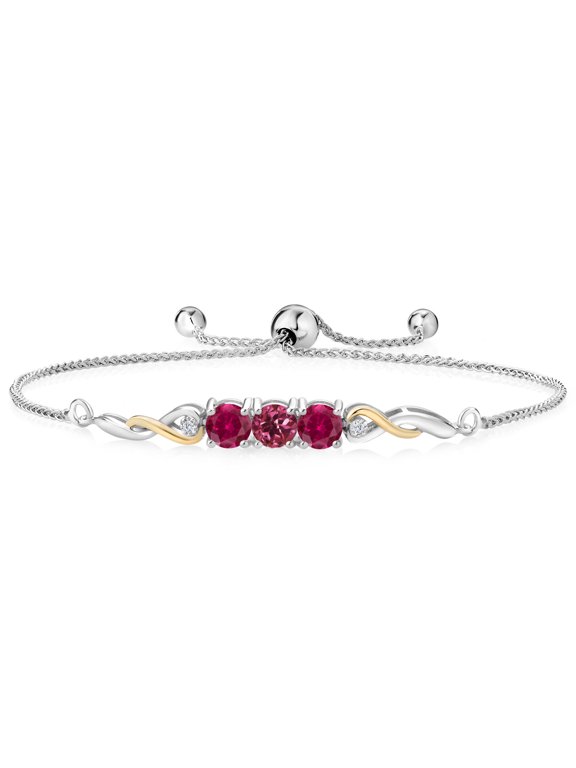 925 Sterling Silver and 10K Yellow Gold Pink Tourmaline Red Created Ruby and White Lab Grown Diamond Tennis Bracelet for Women (2.54 Cttw, Gemstone October Birthstone, Fully Adjustable up to 9 inch)