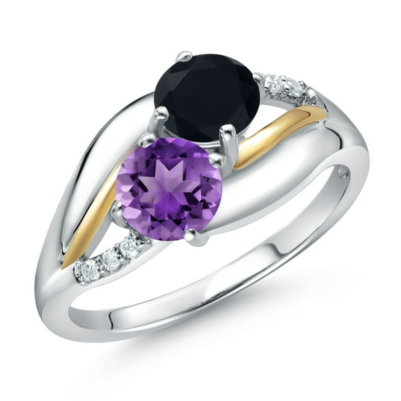 Gem Stone King 925 Sterling Silver and 10K Yellow Gold Purple Amethyst Black Onyx and Lab Grown Diamond 2 Stone Engagement Ring for Women (0.99 Cttw, Round 5MM, February Birthstone, Size 7)