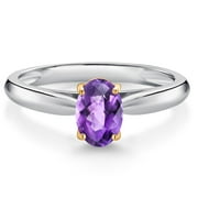 GEM STONE KING 925 Sterling Silver and 10K Yellow Gold Purple Amethyst Solitaire Engagement Ring for Women (0.75 Cttw, Oval Checkerboard 7X5MM, Gemstone February Birthstone, Available in Size 5, 6, 7, 8, 9)